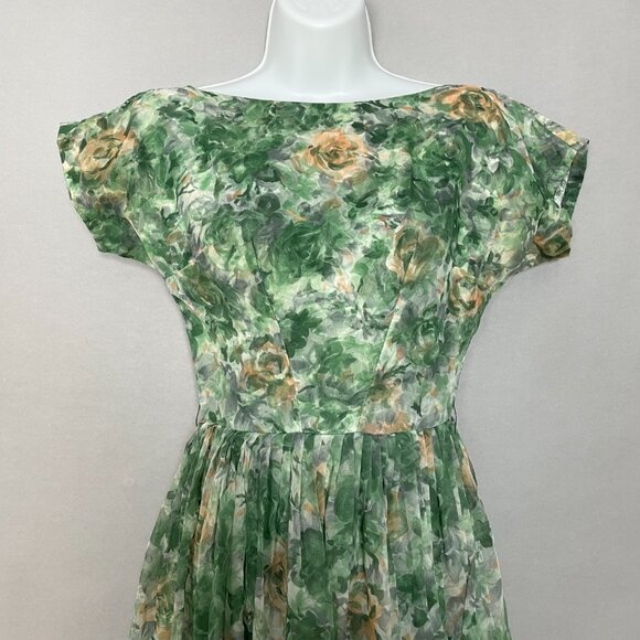 Vintage 1950s Dress Party Chiffon Short Sleeves Floral A-Line Women Union Label - Picture 3 of 16